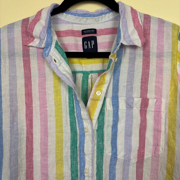 GAP Womens Size Small Bright Pastel Striped Button Down Linen Boyfriend Shirt - Picture 3 of 7